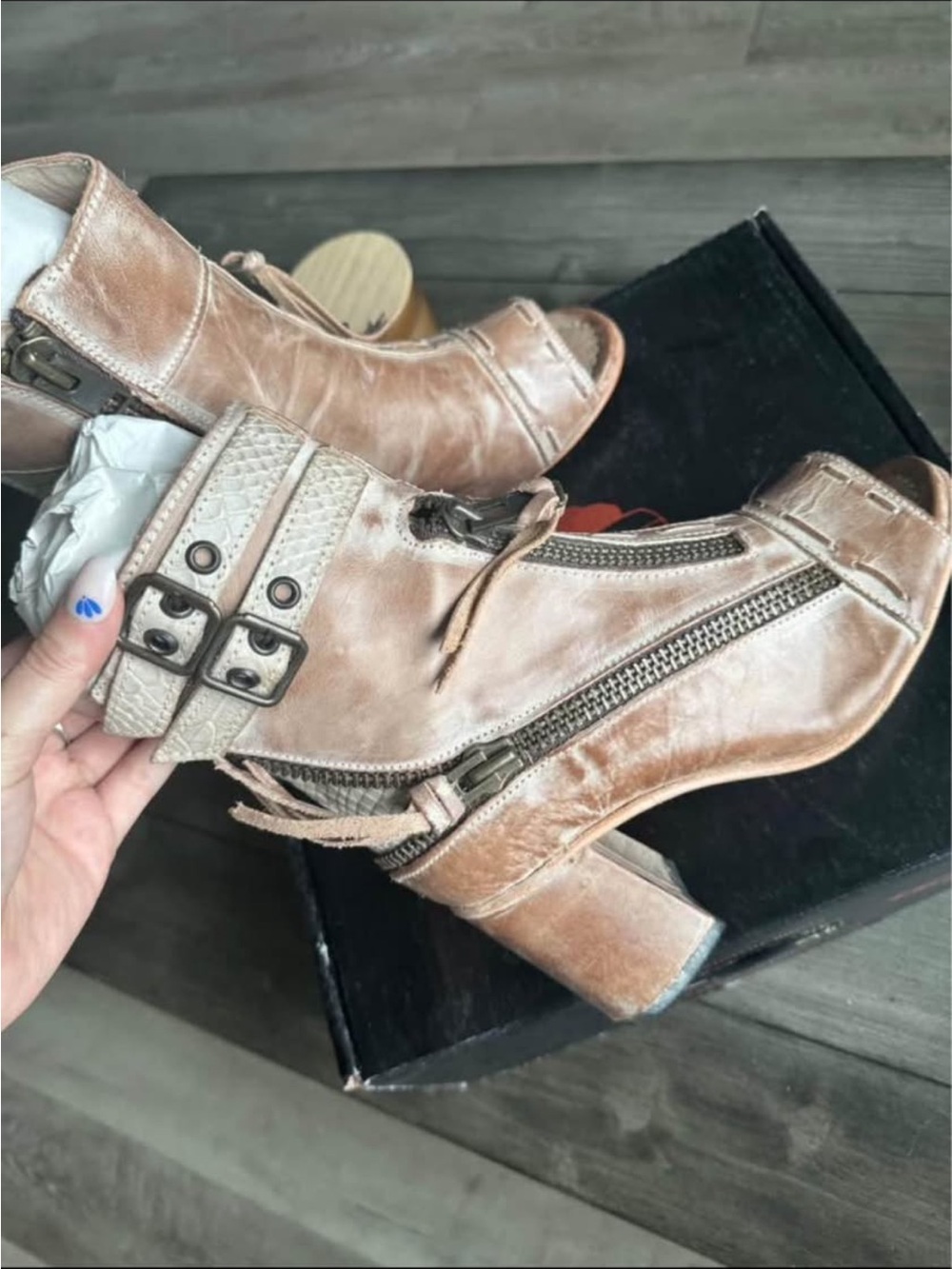 freebird Taupe Open-Toe Ankle Heeled Boots with Buckles